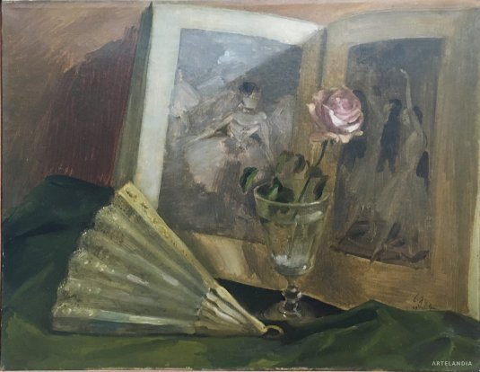 Ramón  Gaya - Bodegón con rosa, libro y abanico. Homenaje a Degás